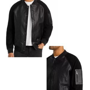 KARL LAGERFELD PARIS Neil Snap Front Black Leather Bomber Jacket, Size Medium